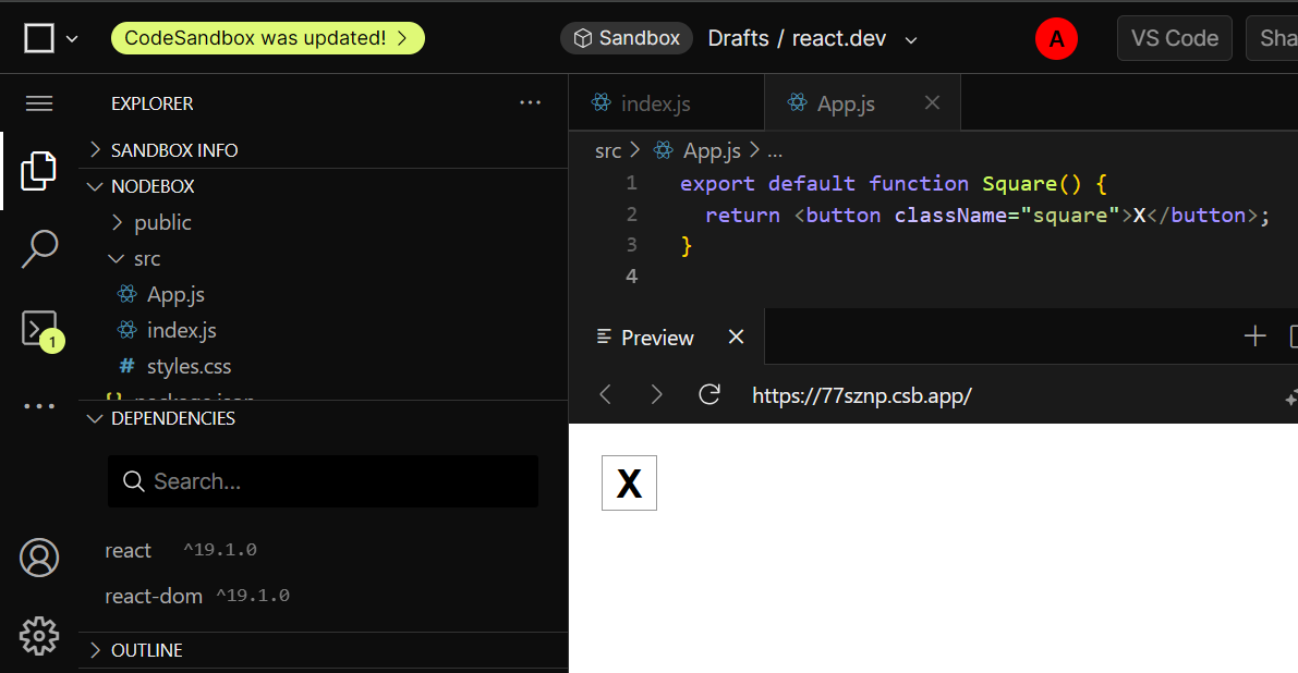 CodeSandbox con codice iniziale